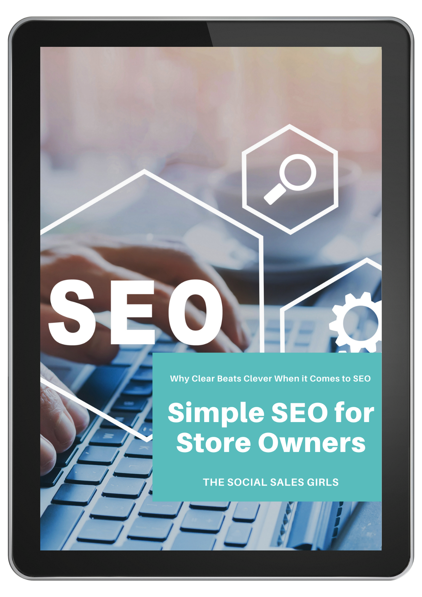 Simple SEO for Store Owners guide mockup on a tablet